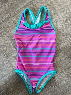 Patagonia Girls' Purple and Aqua Striped One-Piece Swimsuit